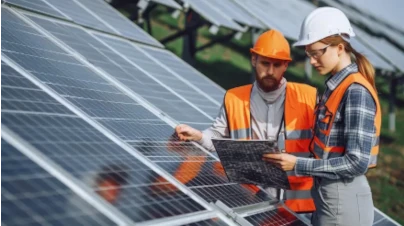 Maintenance personnel at an array of solar panels in a solar farm