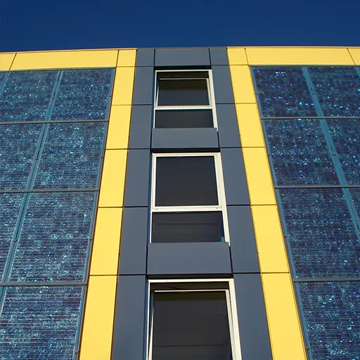 Picture of a building with Solar panels integarted as facades.